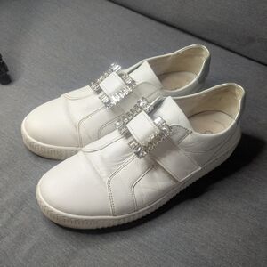 Gabor White Leather Sneakers Crystal Buckle Slip-On Shoes Women's Size 8.5